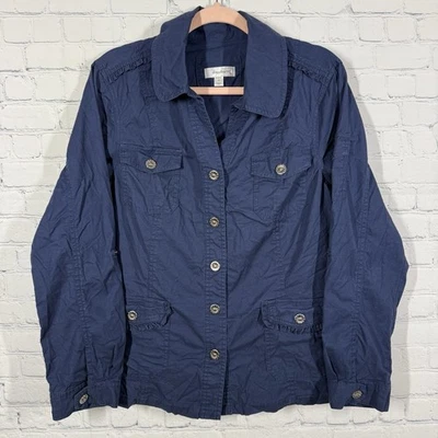 Dressbarn Jacket Women Plus Size 1X Blue Utility Lagenlook Snap Floral Button - Image 1 of 4