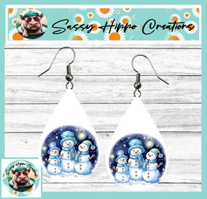 Pendientes Lágrima Plata Gancho Espalda Muñeco de Nieve Trío Azul Feliz Navidad Fiestas - Imagen 1 de 4