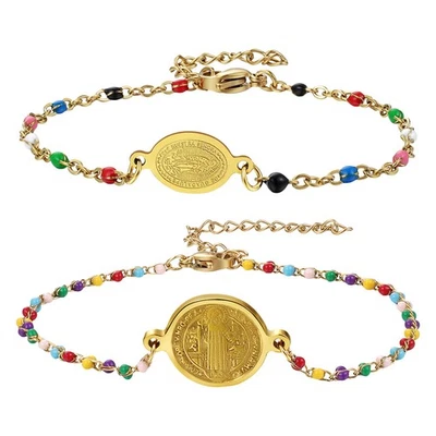 Mujer San Benito Medalla Virgen María Colorido Rosario Pulsera Acero Inoxidable Foto 1 de 2