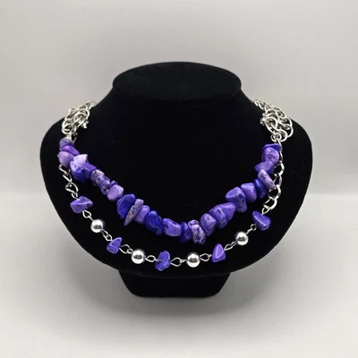 Statement Necklace Purple Stones Tiered Silvertone Cocktail Boho Maximalist NEW - Image 1 of 4