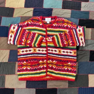 Vintage 90's Express Tricot Kaleidoscope Rainbow Fair Isle Cardigan Sweater L  - Bild 1 von 5