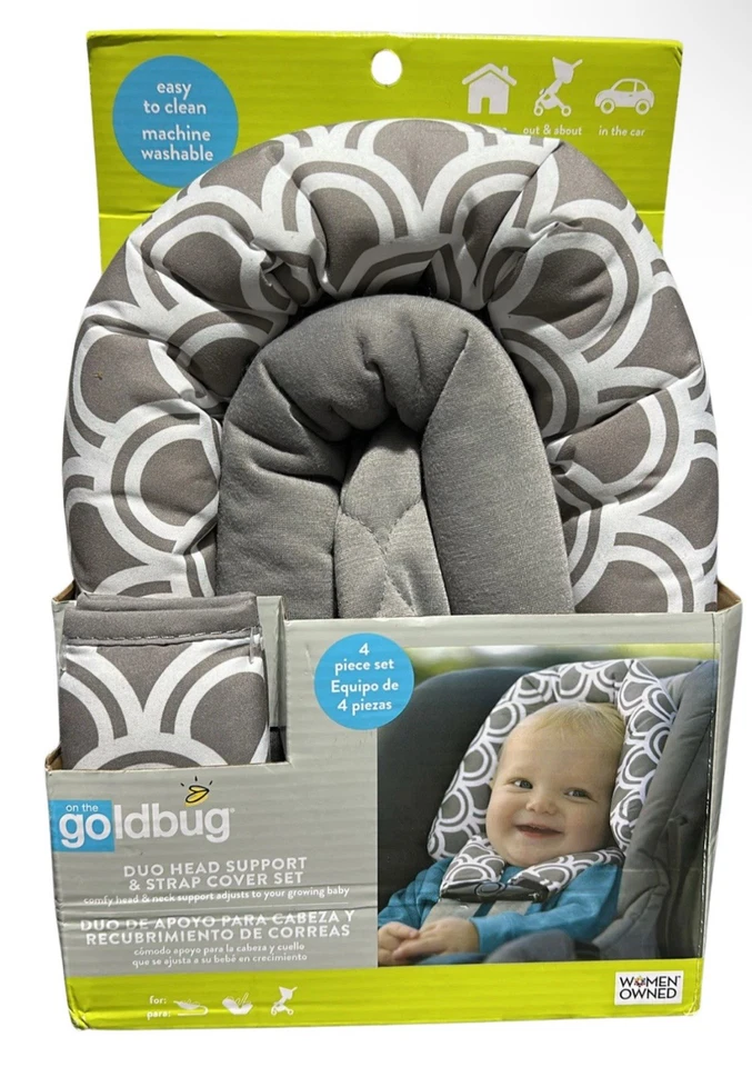 NEW GOLDBUG GRAY & WHITE DUO HEAD SUPPORT & STRAP COVER SET CAR SEAT/STROLLER - Image 1 of 1