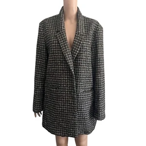 Old Navy Blazer Jacket Womens XL Black White Brown Houndstooth Tweed Long Lined - Picture 1 of 13