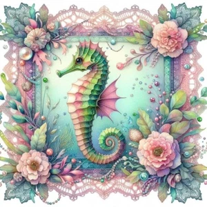 Pastel Seahorse & Pearls #4 - 8x8 Craft Sewing Cotton Fabric Block - Picture 1 of 1
