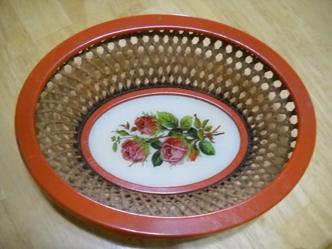 Unique Vintage Basket RED Metal Edge and Bottom w/ Rose Under Glass Bottom Cover