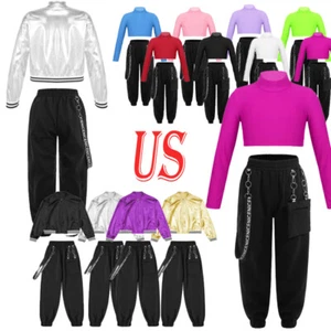 Kids Turtleneck Crop Top Sweatpants Cargo Pants Sets Street Dance Outfits - Picture 1 of 80