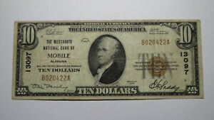 $10 1929 Mobile Alabama AL National Currency Bank Note Bill! Ch. #13097 FINE+