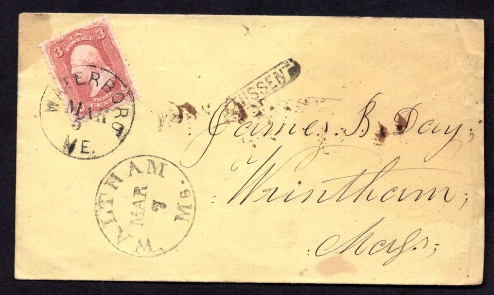 US 1861 CIVIL WAR MARKED "MISSENT" COVER WATERBORO, ME. SENT "WALTHAM" MS. - Image 1 of 2