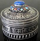 Tibetan Silver Filigree Trinket Jewelry Box Lapis Stone Treasure Amulet Nepal