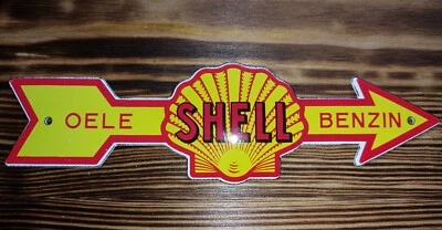 SHELL OELE BENZIN Gelb TÜR SCHILD GARAGE PORZELLAN EMAILE 12x12cm=4,72x4,72 Zoll - Bild 1 von 4