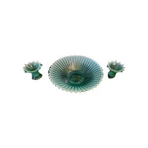 Fostoria Aqua White Opalescent Art Glass Sunburst Bowl 2 Candle Holders Nice - Picture 1 of 12