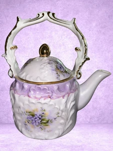 Vintage Cracker Barrel Teapot Violets 10K Gold Trim 5.5" w/ Box Floral - Picture 1 of 9