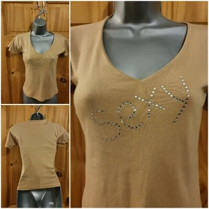 Süßes helles camelfarbenes T-Shirt, mit Edelsteinen, Gr. 10, gebraucht. - Bild 1 von 7