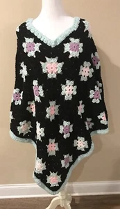 Vintage Handmade Crocheted Knit Shawl Blanket Cape Poncho Granny Flowers Warm - Picture 1 of 11