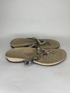 Vionic Karina Sandals Women Size 9 Beige Black Leather Comfort Thong Snake Print - Picture 1 of 18