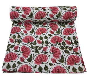 Beautiful Floral Handmade Printed  Kantha Quilt Bedspread Blanket Throw Bedding - Picture 1 of 5