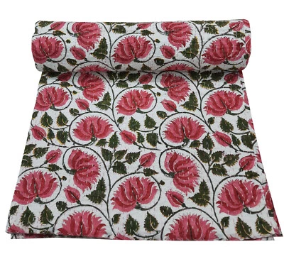 Beautiful Floral Handmade Printed  Kantha Quilt Bedspread Blanket Throw Bedding - Image 1 of 4
