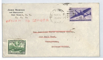 BRITISH GUIANA/USA RETOUR Cover 1946 PAN-AM *TEST AIR MAIL* Mixed Franking XJ19 - Image 1 of 4