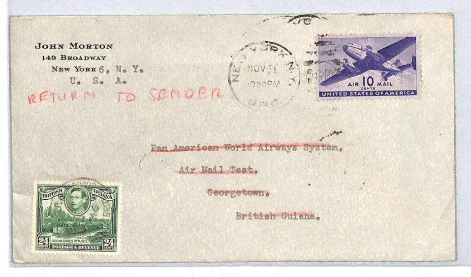 BRITISH GUIANA/USA RETOUR Cover 1946 PAN-AM *TEST AIR MAIL* Mixed Franking XJ19 - Image 1 of 4