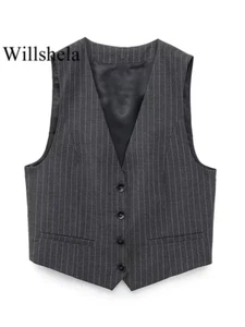 XS-L Striped Single Breasted Vest Sleeveless V-Neck Vest Office Lady Fashion NEW - Picture 1 of 7