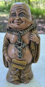 Vintage Buda Mann signierte Statue einzigartig handbemalt F M '70 Buddhismus Happy Fat - Bild 1 von 10