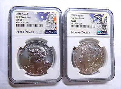 2023 PEACE & MORGAN SILVER DOLLAR NGC MS70 FIRST DAY OF ISSUE 2 COINS in Stock - Image 1 of 2
