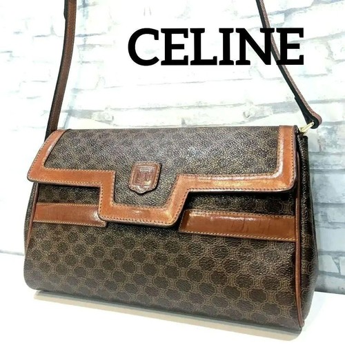 Borsa a tracolla CELINE logo macadam PVC pelle marrone vintage USATA originale #S2082