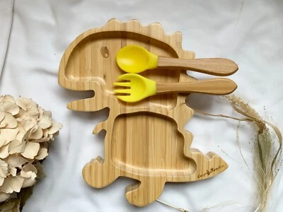 Bambus Babyteller; Kindergeschirr mit Saugnapf, Besteck: T-rex Gelb - Bild 1 von 4