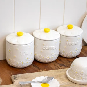 White Daisy Tea Coffee Sugar Canisters Set Of 3 Ceramic Flower Kitchen Jars Lids - Picture 1 of 4