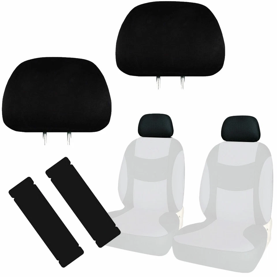 New 4PC BLACK Universal Fit Car Truck Suv Van Headrest Covers & Seat Belt Pads — 第 1/4 张图片