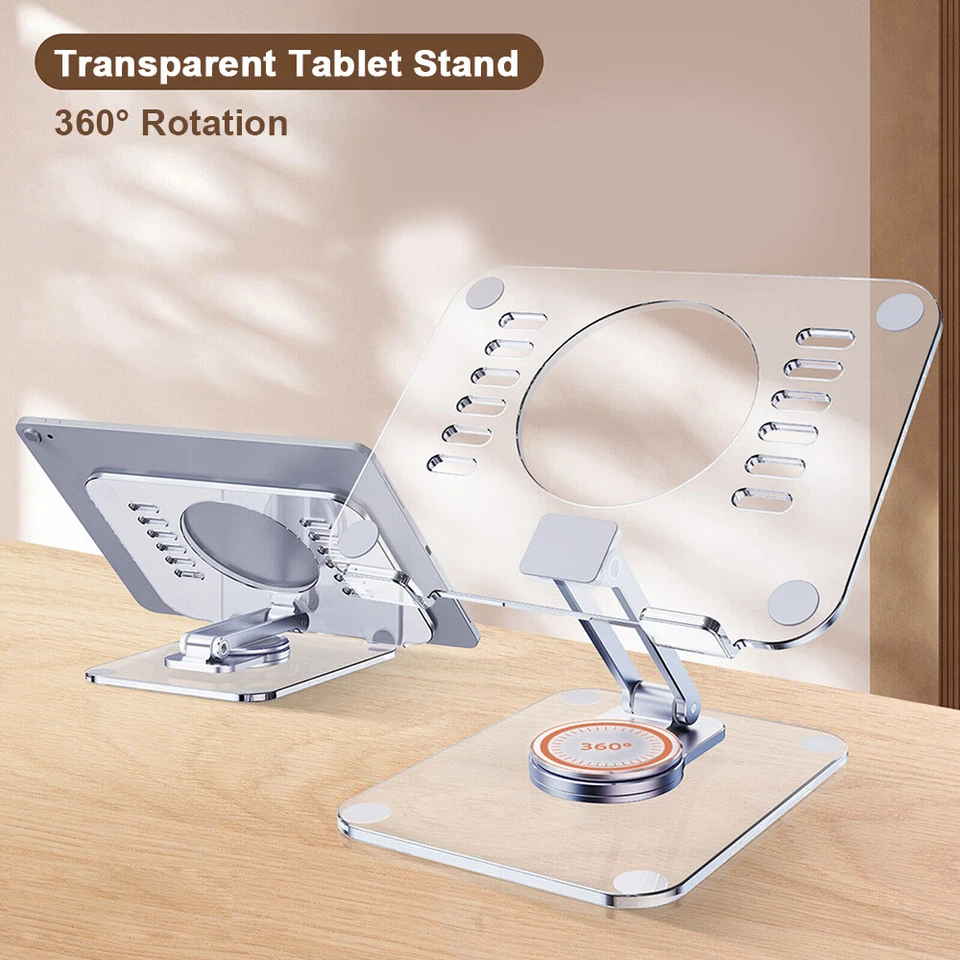 Transparent Foldable 360° Rotation Tablet Desk Stand Mount Holder For iPad Phone - Image 1 of 4