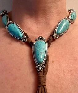Collar de cuero turquesa borla colgante piedras bohemias conjunto de bisel 29 pulgadas - Imagen 1 de 8