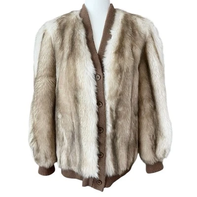 Vintage Lilli Ann Faux Fur Chubby Coat Button Down Knit Jacket White Taupe Brown - Image 1 of 4