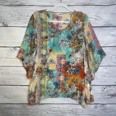 Tianello Silk Blouse Size M Floral Artsy Art To Wear Boho Y2K - Image 1 of 4