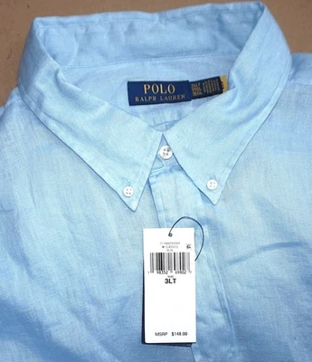 Polo Ralph Lauren Mens Long Sleeve Blue Linen Shirt Tall 3XLT NWT $138 - Image 1 of 4
