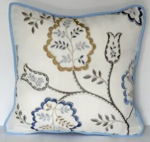 SALE Blue and gold raised metallic cord embroidered floral pillow white linen. - Picture 1 of 1