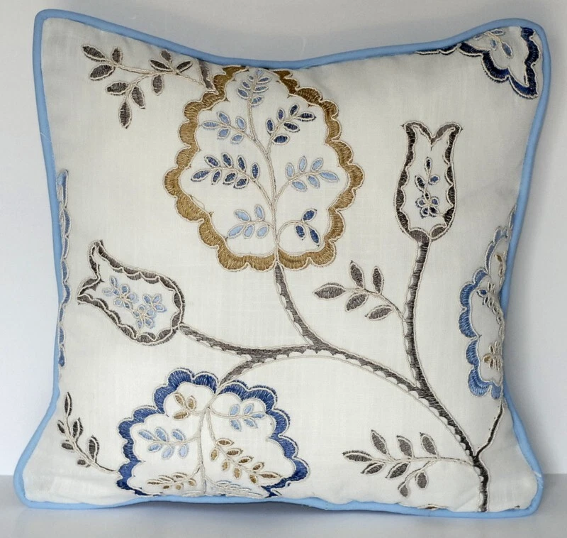 SALE Blue and gold raised metallic cord embroidered floral pillow white linen. - Image 1 of 1