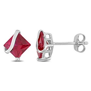 Amour 10k White Gold Square Created Ruby Earrings - Picture 1 of 5