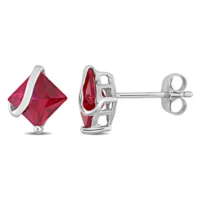 Amour 10k White Gold Square Created Ruby Earrings - Image 1 of 4