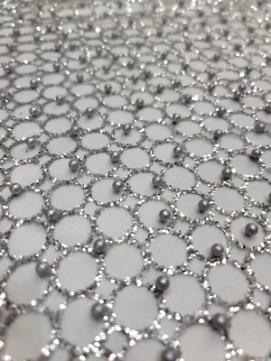Silver Beaded Lace Fabric Sold By The Yard Glued Glitter Circles Pearls On Mesh  - Image 1 of 4