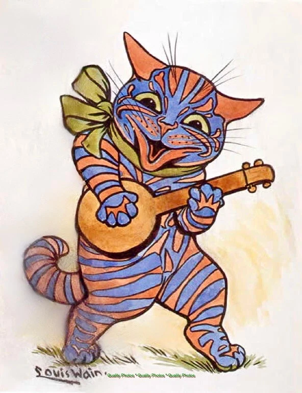 Impresión fotográfica de gato azul y naranja con laúd de 8,5 x 11" Louis Wain caprichoso arte felino Foto 1 de 1