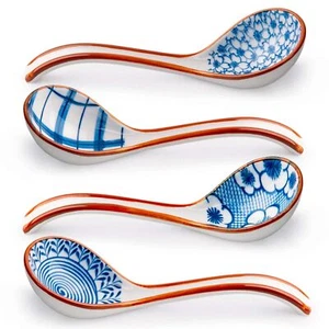 Asian Soup Spoon Set of 4 Ceramic Chinese Soup Spoons Long Handle Ramen Spoon - Picture 1 of 9