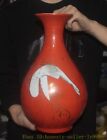13.2" China coral red outline in gold wealth Lucky crane Zun Cup Bottle Pot Vase