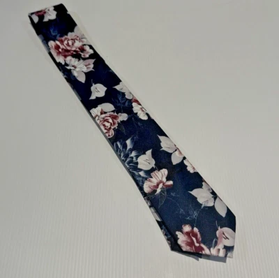 Connor Men’s Floral Navy Blue Pink White Tie for Wedding Business Dinner Event - image 1 of 4