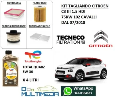 TECNECO KIT TAGLIANDO FILTRI E OLIO ORIGINALE CITROEN C3 III 1.5 HDI 75KW 102 CAVALLI