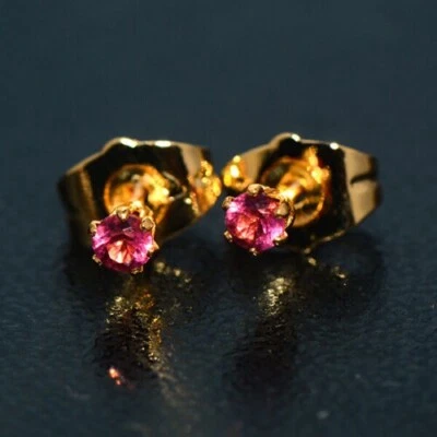 Cute Small Tiny New Yellow Gold Filled 6 Prong 2mm Round Red CZ Stud Earrings - Image 1 of 4