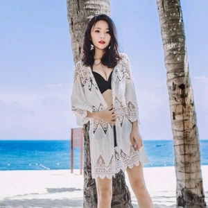 Lady Cardigan Beach Swim Bikini Cover Up Coat Tops Charm Lace Mesh Hollow Summer - Picture 1 of 9