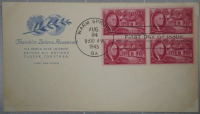 US 1945 FDC, Franklin D. Roosevelt, Warm Springs, Block of 4 2c (#1) - Image 1 of 2