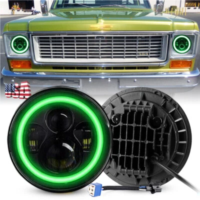 Black DOT 7" Round Led Headlight Green Halo fit Chevy Truck C10 C20 C30 K10 LUV - Image 1 of 4