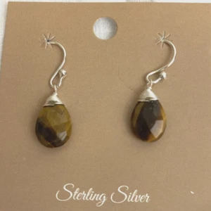 Tigers Eye Faceted Teardrop Earrings Sterling Silver New - Picture 1 of 8